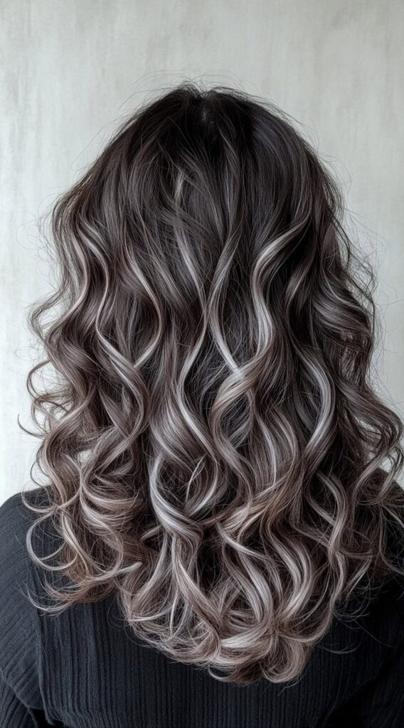 23 Chic Brown Hair with Silver Highlights Ideas 7 dark brown curls with silver highlights