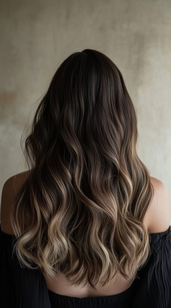 24 Winter Balayage Ideas for Brunettes: Subtle and Bold Hairstyles for a Fresh Winter Glow 9 dark brunette with beige balayage for contrast