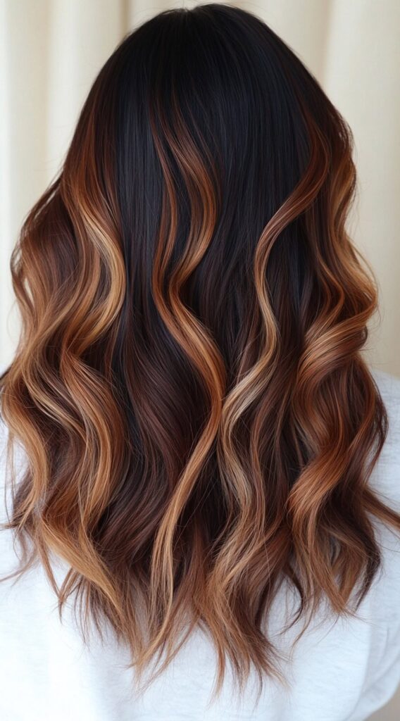 17 Dark Caramel Balayage Ideas: Transform Your Look with Stunning Hair Color Combinations 10 dark caramel balayage on long loose waves