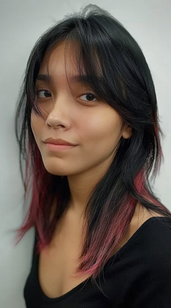 17 Peekaboo Highlights for Dark Hair Ideas 13 dark hair with pink ends