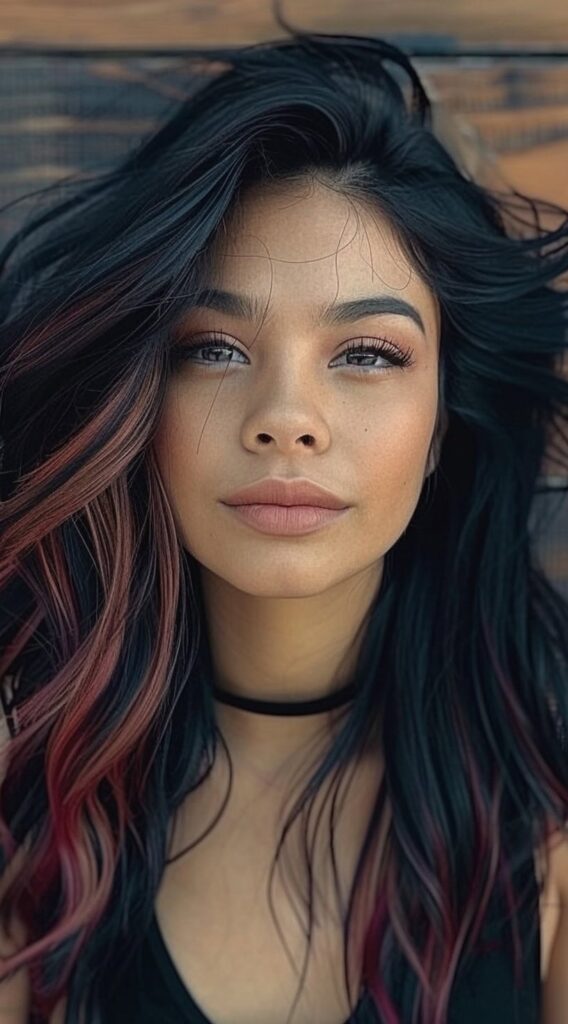17 Peekaboo Highlights for Dark Hair Ideas 2 dark hair with red and pink highlights