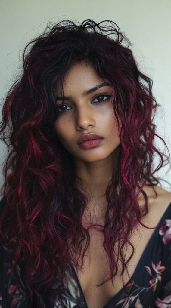 27 Flattering Hair Color Ideas for Brown Skin 15 deep burgundy waves with pink highlights