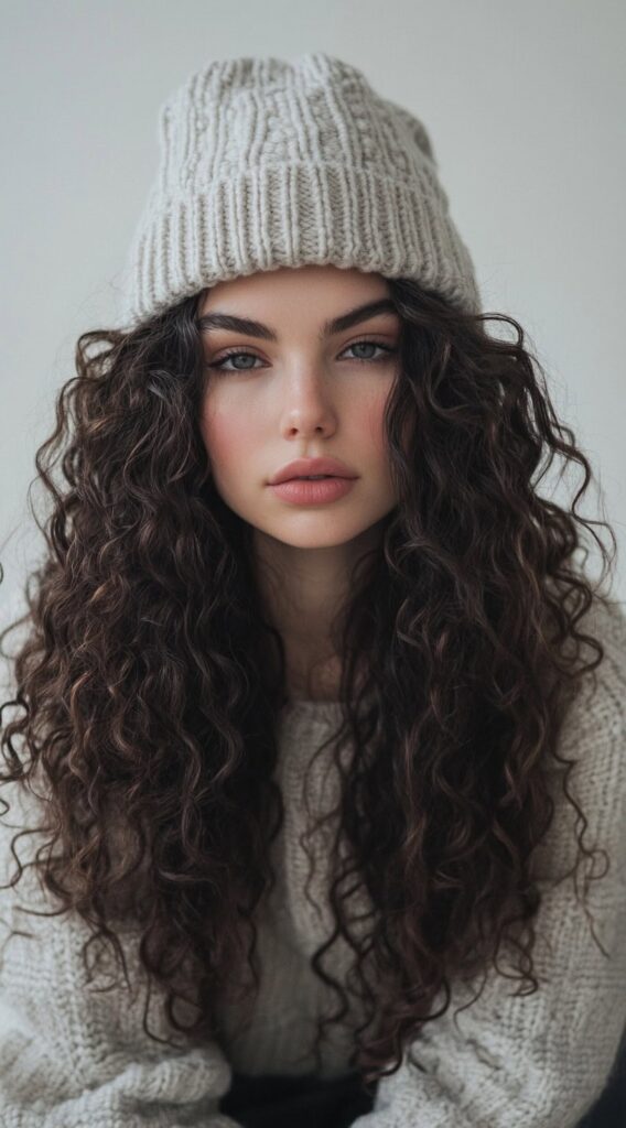 Mastering Beanie Hairstyles: 25 Simple and Stylish Ideas for Effortless Hair Days 10 defined long curls with a beanie