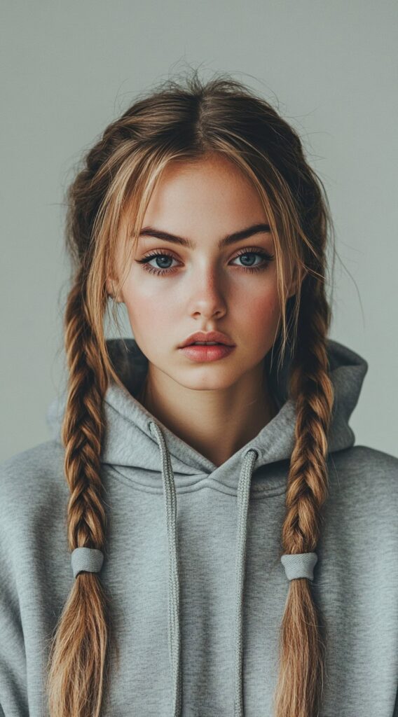 19 Hoodie Hairstyles to Try: Easy and Stylish Ideas for Every Hair Type 11 double braided pigtails