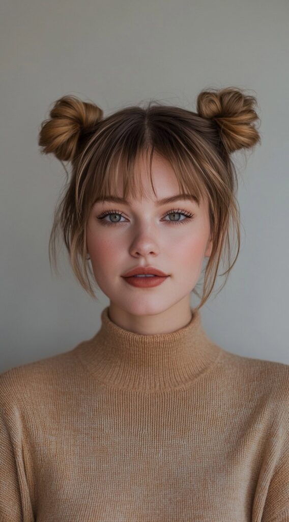 23 New Year’s Hairstyles for Short Hair 19 double buns with wispy bangs