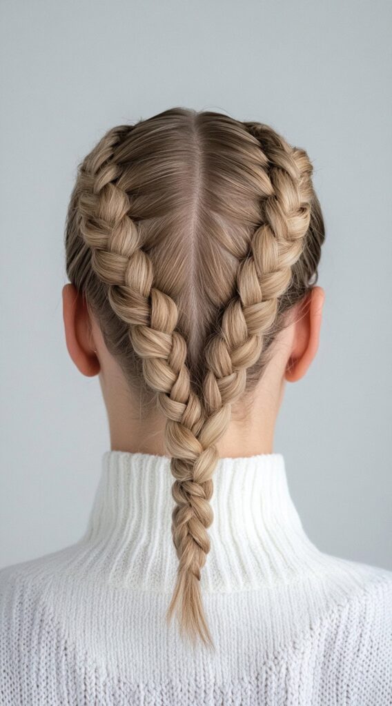 Top 21 Skiing Hairstyles to Wear Under a Helmet 5 double dutch braids metting at the end
