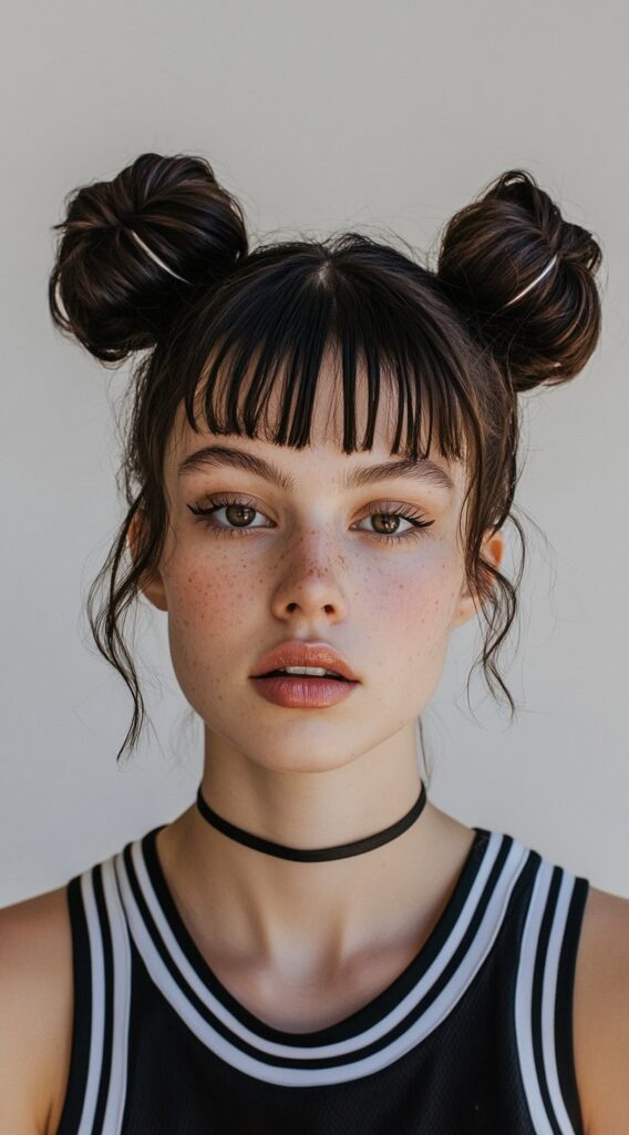 36 Top Basketball Hairstyles: Practical and Stylish Ideas for the Court 31 double space buns with curtain bangs