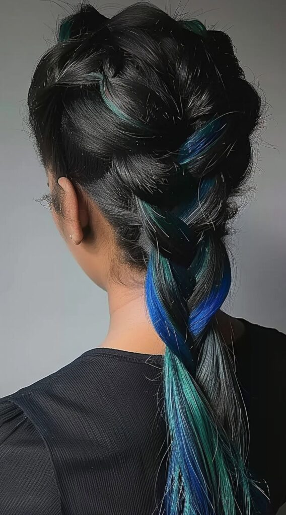 Peekaboo Highlights for Black Women: Transform Your Look with These 20 Stunning Ideas 18 dutch braid with blue and green highlights