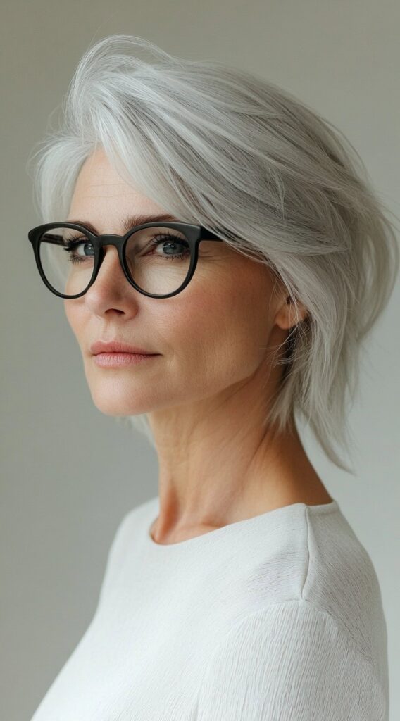 24 Chic Short Hairstyles for Women Over 50 with Gray Hair 13 feathered bob with glasses