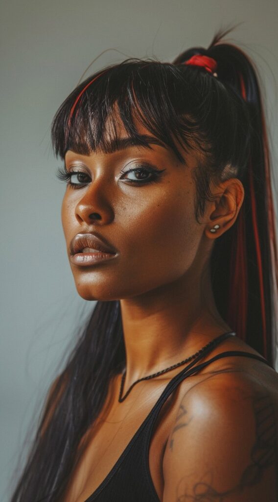 27 Weave Ponytail Hairstyles with Bangs: Chic and Modern Looks for Every Occasion 5 fringe bangs with high ponytail and peekaboo highlights