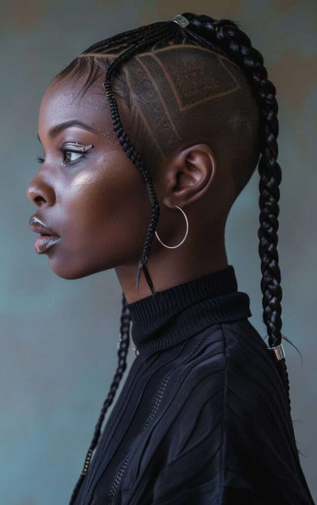 Shaved Sides with Ponytail for Black Women: 27 Stylish and Bold Ideas for Your Next Look 5 geometric shaved designs with dual braids