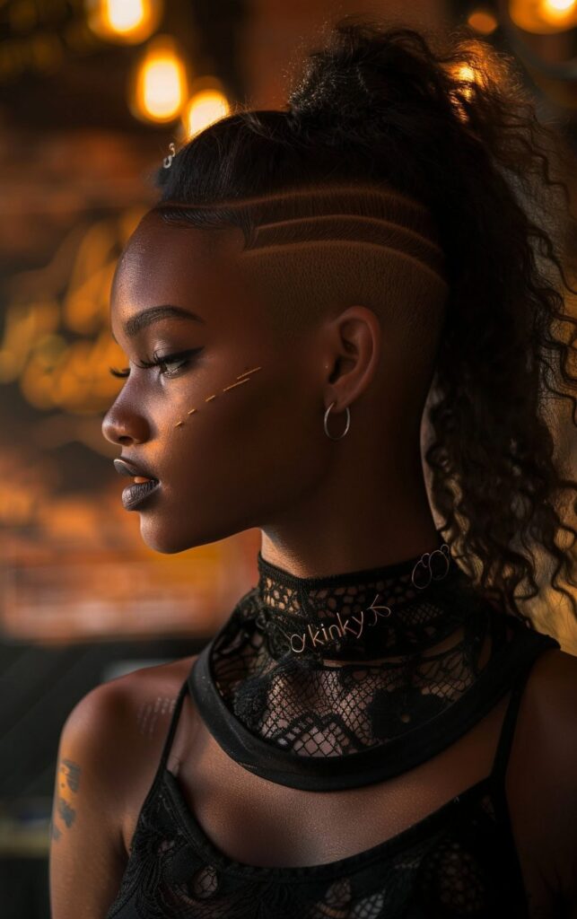 Shaved Sides with Ponytail for Black Women: 27 Stylish and Bold Ideas for Your Next Look 21 geometric shaved sides with high ponytail