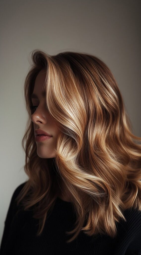 Warm Caramel Balayage with Honey Highlights: 17 Stunning Hairstyle Ideas to Enhance Your Look 14 glamorous caramel balayage waves