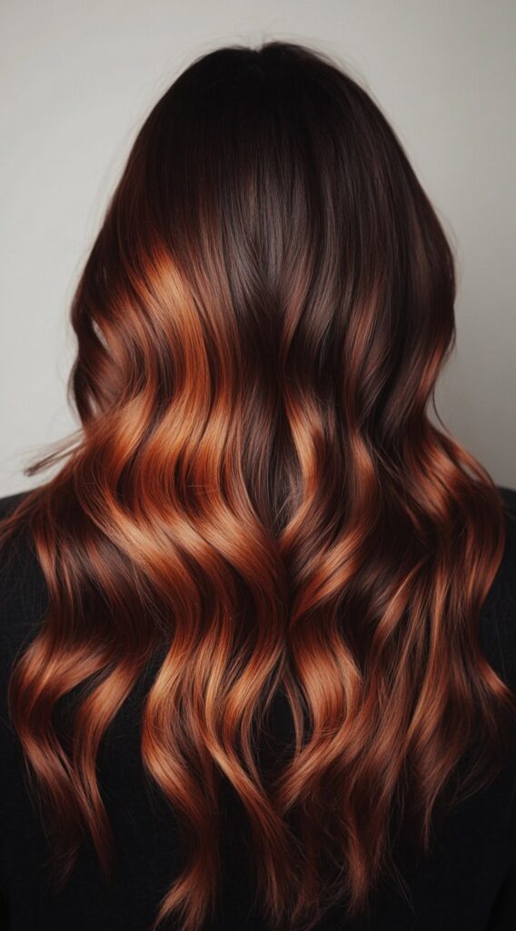 17 Red Copper Balayage Ideas: Stunning Ways to Add Warmth and Style to Your Hair 7 glossy copper balayage with defined waves