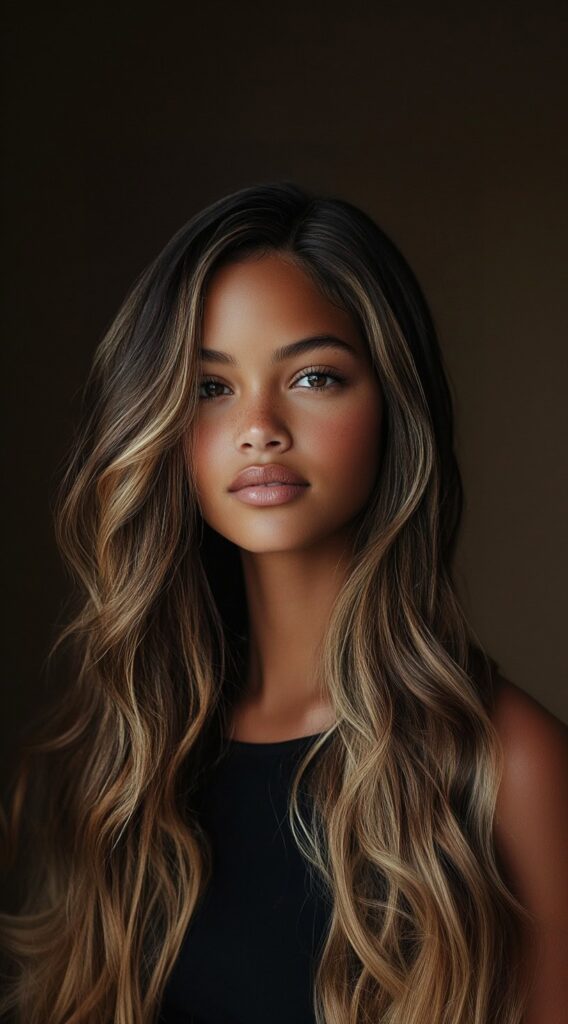 27 Flattering Hair Color Ideas for Brown Skin 3 golde honey balayage on long waves