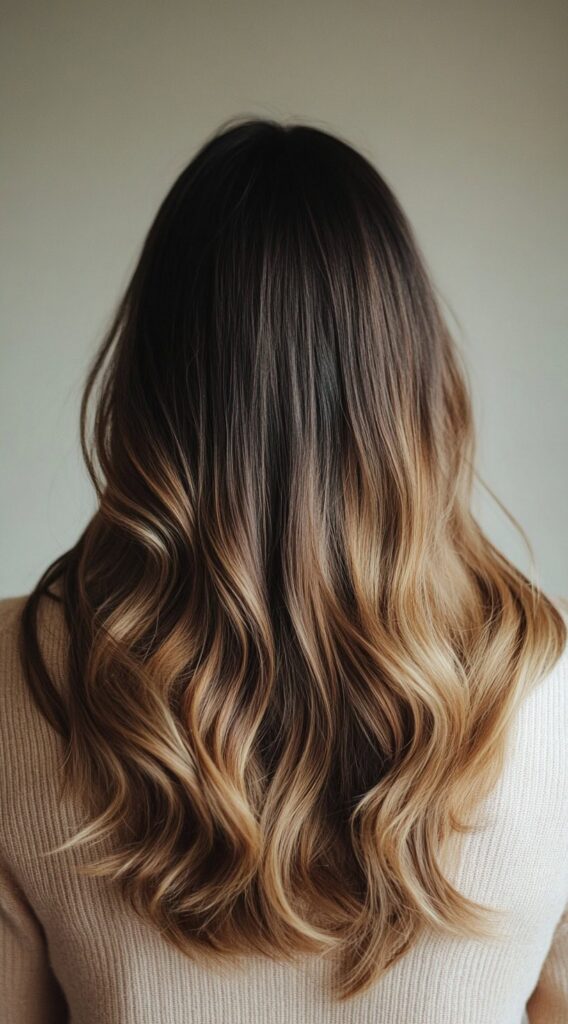 24 Winter Balayage Ideas for Brunettes: Subtle and Bold Hairstyles for a Fresh Winter Glow 19 golden honey balayage on dark brown waves