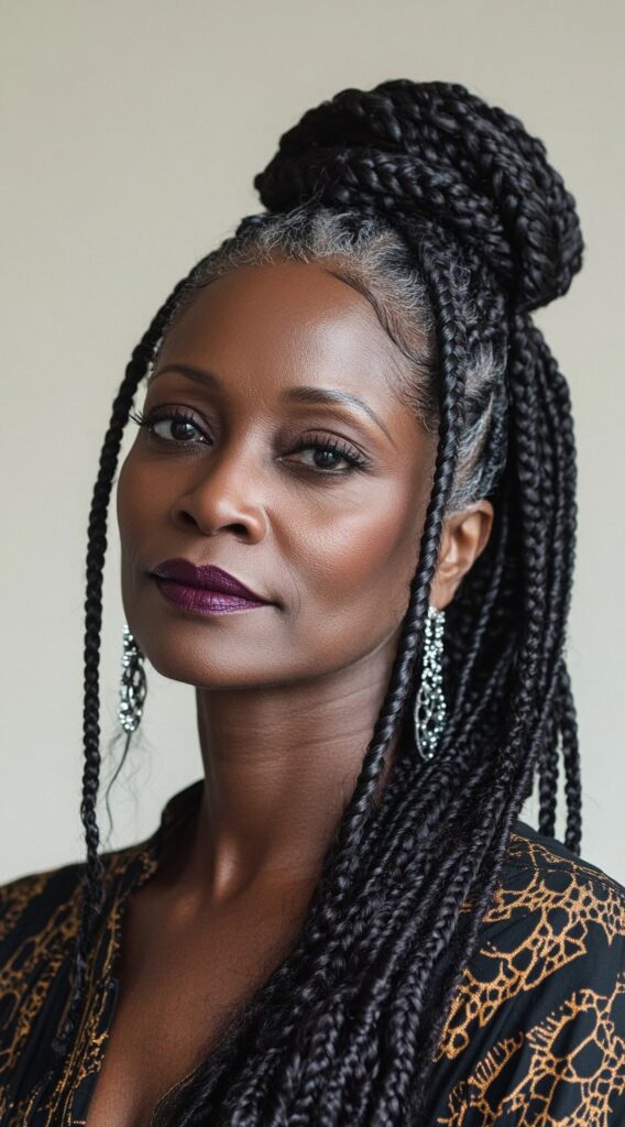 Braids for Older Black Women Over 50: 17 Elegant and Age-Defying Hairstyles to Try 16 half up box braids with top knot