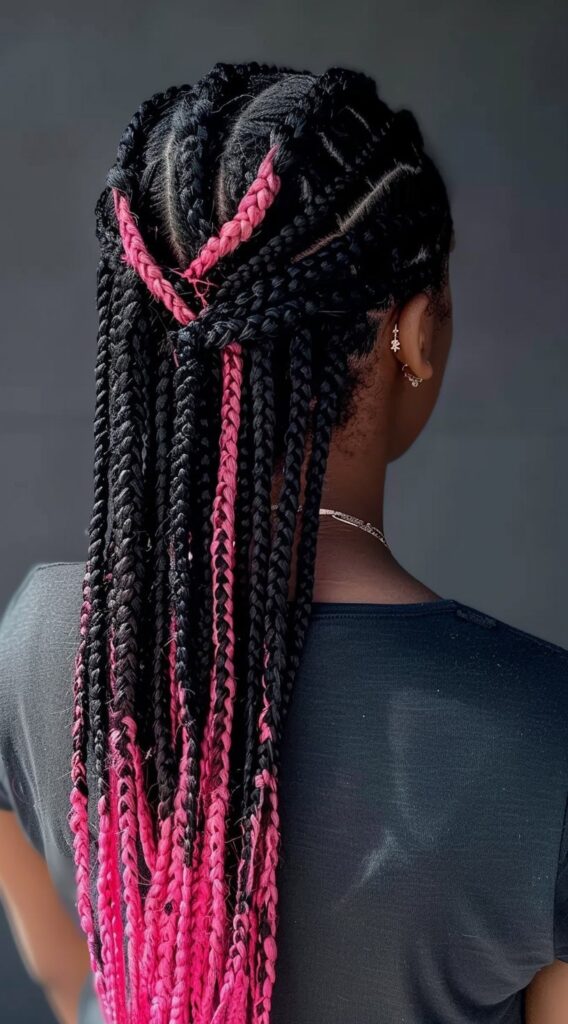 Peekaboo Highlights for Black Women: Transform Your Look with These 20 Stunning Ideas 11 half up braided style with pink highlights