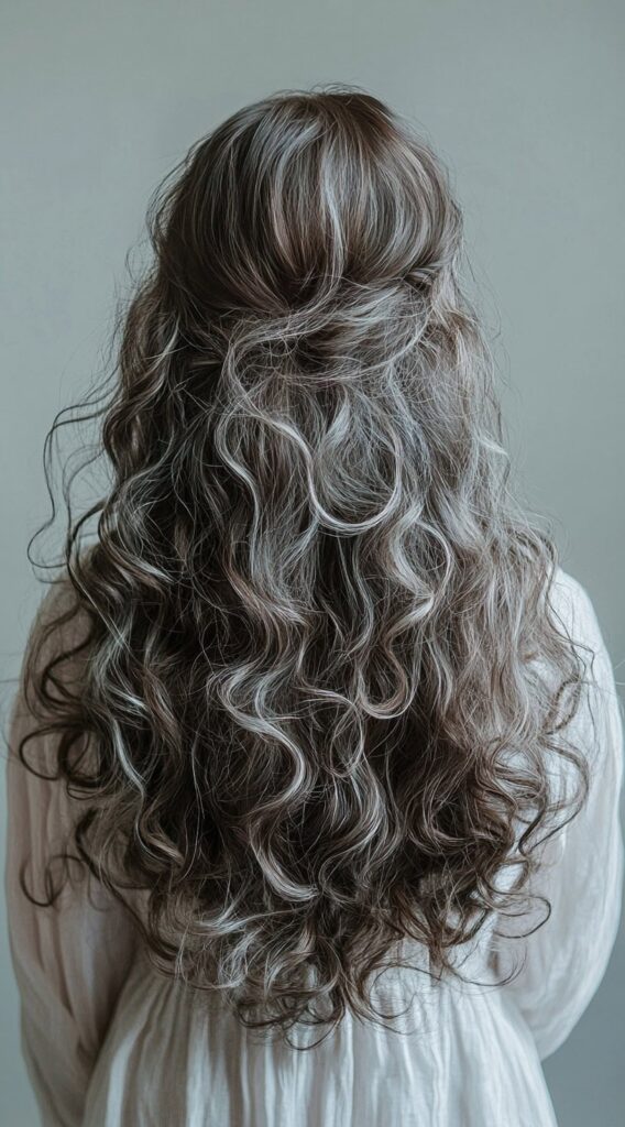 23 Chic Brown Hair with Silver Highlights Ideas 15 half up curls with silver highlights