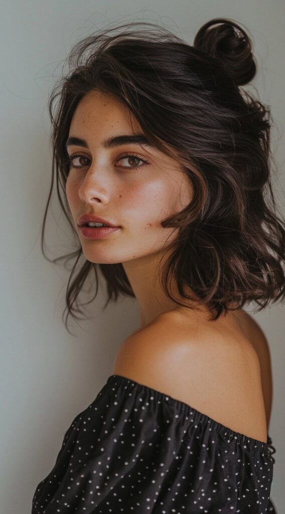 15 Lob Hairstyles for Thick Hair: Modern Ideas to Refresh Your Style 7 half up half down lob with high bun