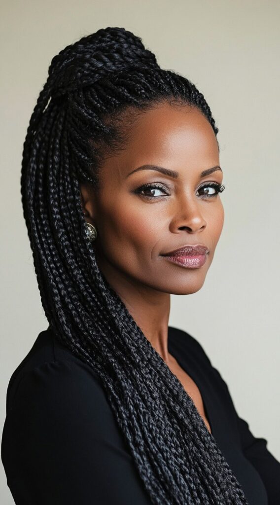 Braids for Older Black Women Over 50: 17 Elegant and Age-Defying Hairstyles to Try 7 half up knot with micro braids