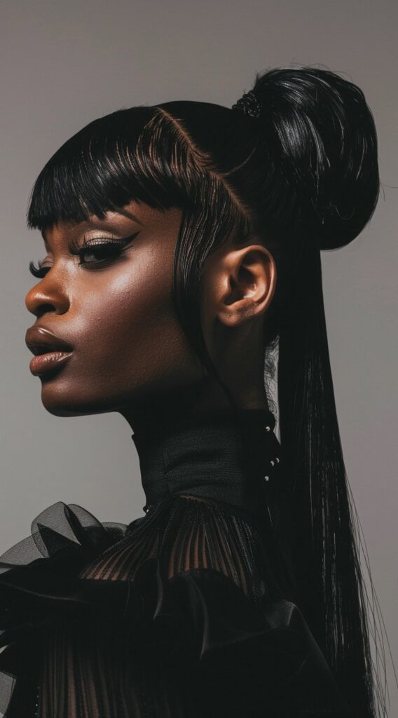 27 Weave Ponytail Hairstyles with Bangs: Chic and Modern Looks for Every Occasion 8 half up ponytail with hepburn bangs and frames
