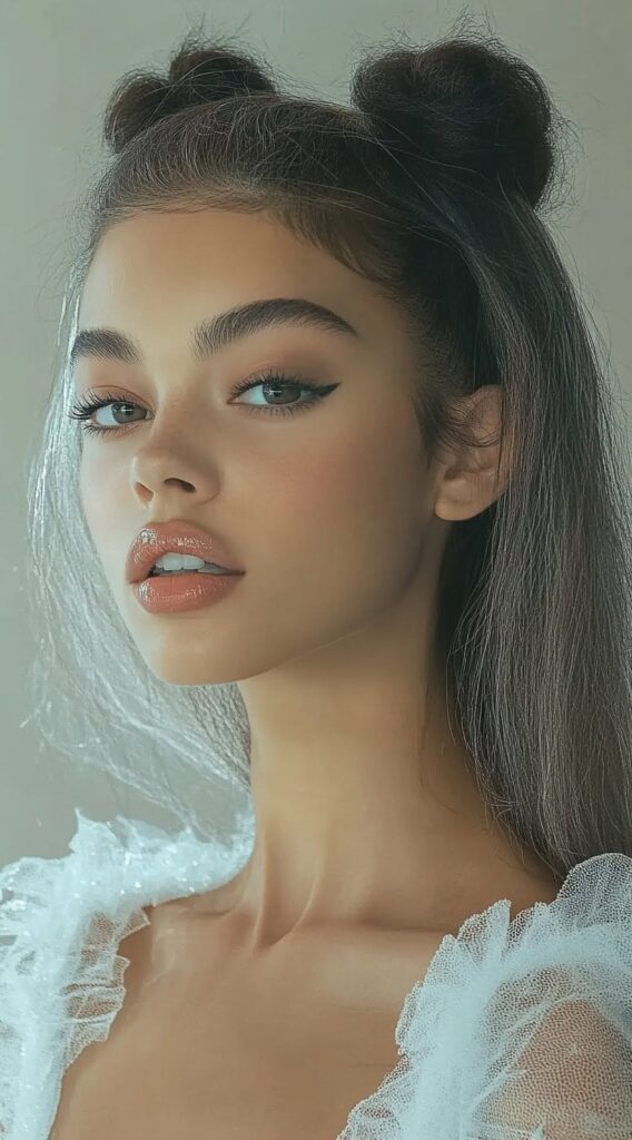 24 Gorgeous Straight Hairstyles 6 half up space buns with sleek straight hair