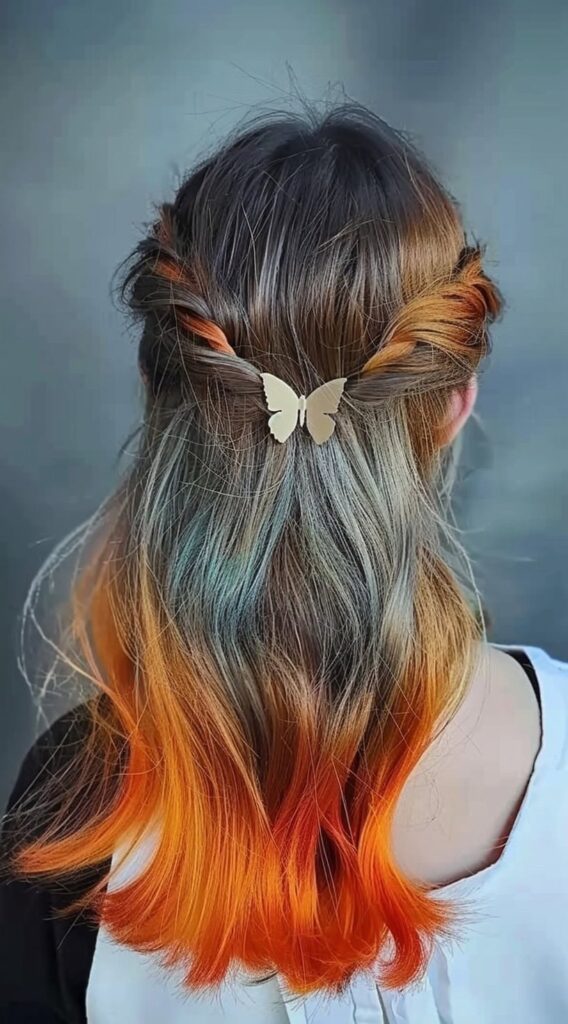 17 Peekaboo Highlights for Dark Hair Ideas 10 half up style with orange ombre highlights