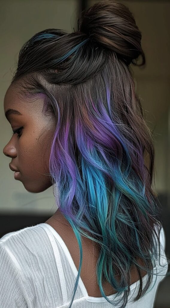 Peekaboo Highlights for Black Women: Transform Your Look with These 20 Stunning Ideas 20 half up wavy hair with purple and blue highlights