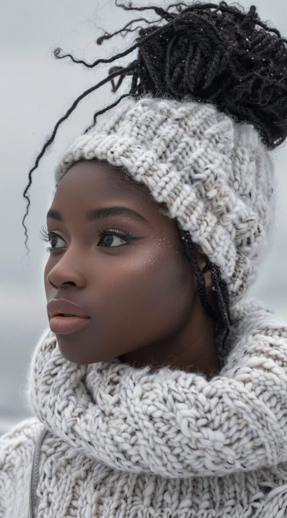 35 Beanie Hairstyles for Black Women: Chic and Cozy Ideas for Every Style 33 high braided bun through a bun beanie