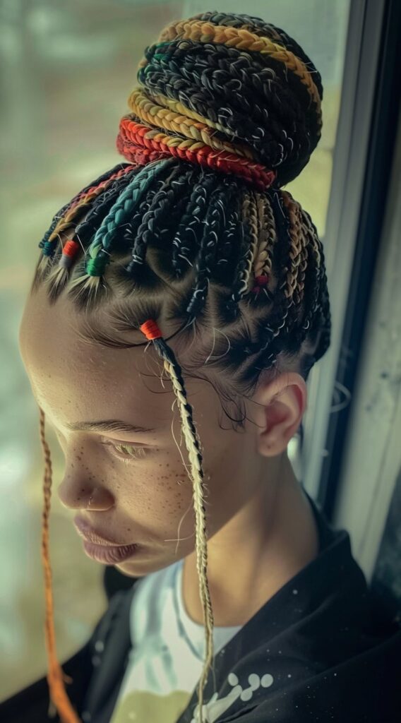 Peekaboo Highlights for Black Women: Transform Your Look with These 20 Stunning Ideas 10 high braided bun with multicolored highlights