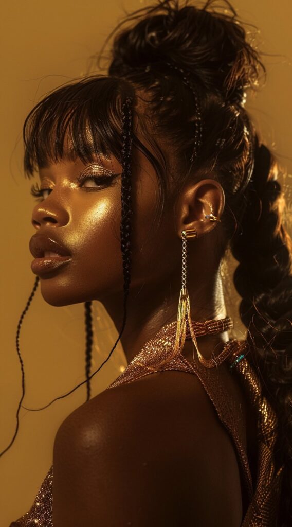 27 Weave Ponytail Hairstyles with Bangs: Chic and Modern Looks for Every Occasion 7 high bun with braided ponytail and wispy bangs with braided framing tendrils
