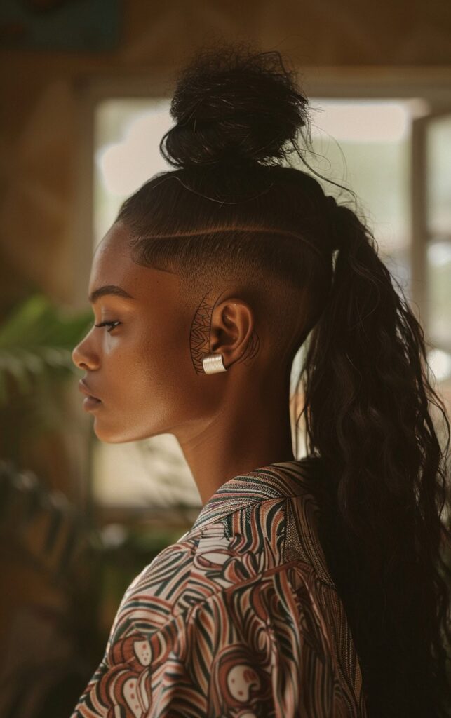 Shaved Sides with Ponytail for Black Women: 27 Stylish and Bold Ideas for Your Next Look 22 high bun with curly ponytail and shaved designs