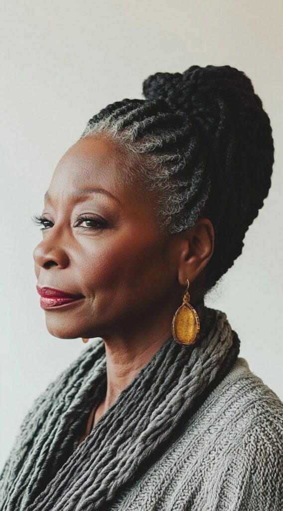 Braids for Older Black Women Over 50: 17 Elegant and Age-Defying Hairstyles to Try 2 high bun with gray accents