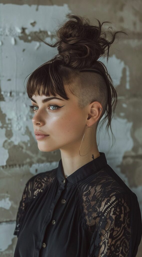 Undercut with Long Hair for Women: 23 Edgy and Elegant Hairstyle Ideas 4 high bun with shaved sides