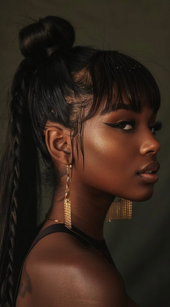 27 Weave Ponytail Hairstyles with Bangs: Chic and Modern Looks for Every Occasion 6 high bun with sleek and braided ponytail with wispy bangs