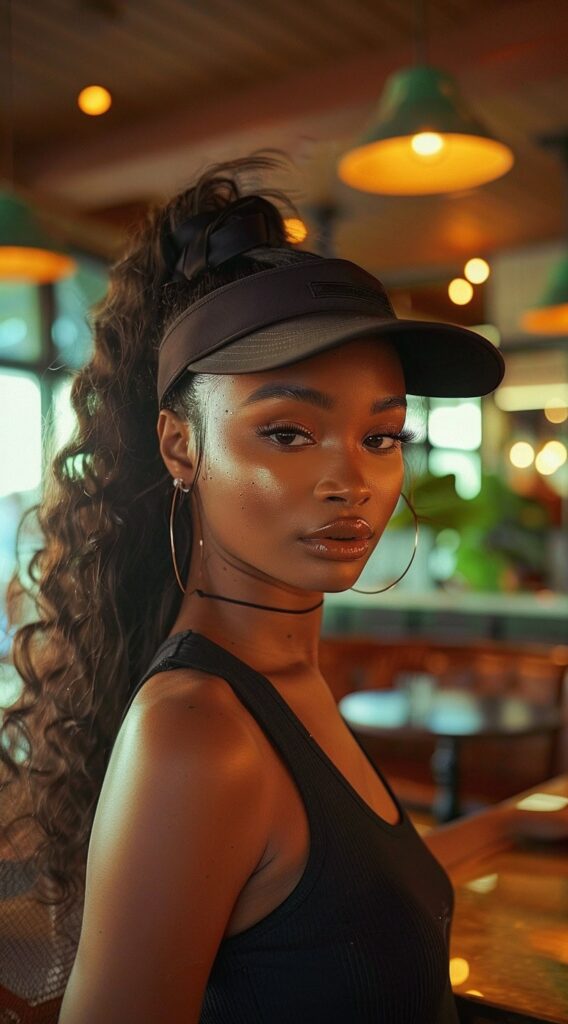 25 Hat Hairstyles for Work: Stylish and Professional Ideas for Women 5 high curly ponytail with visor work hat