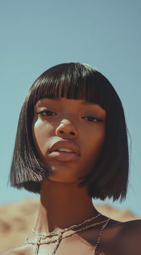 27 Chic Bob Hairstyles with Bangs: Fresh Ideas for a Modern and Flattering Look 12 high gloss bob with blunt bangs