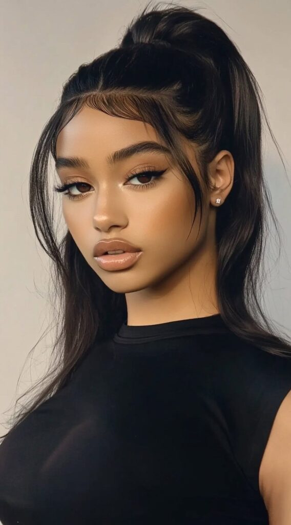 23 Straight Hairstyles for Black Women 8 high half up ponytail with tousled layers