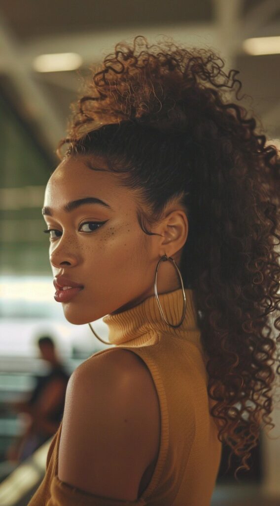 17 Airport Hairstyles for Curly Hair: Stay Cute on the Go and Travel in Style 7 high long ponytail