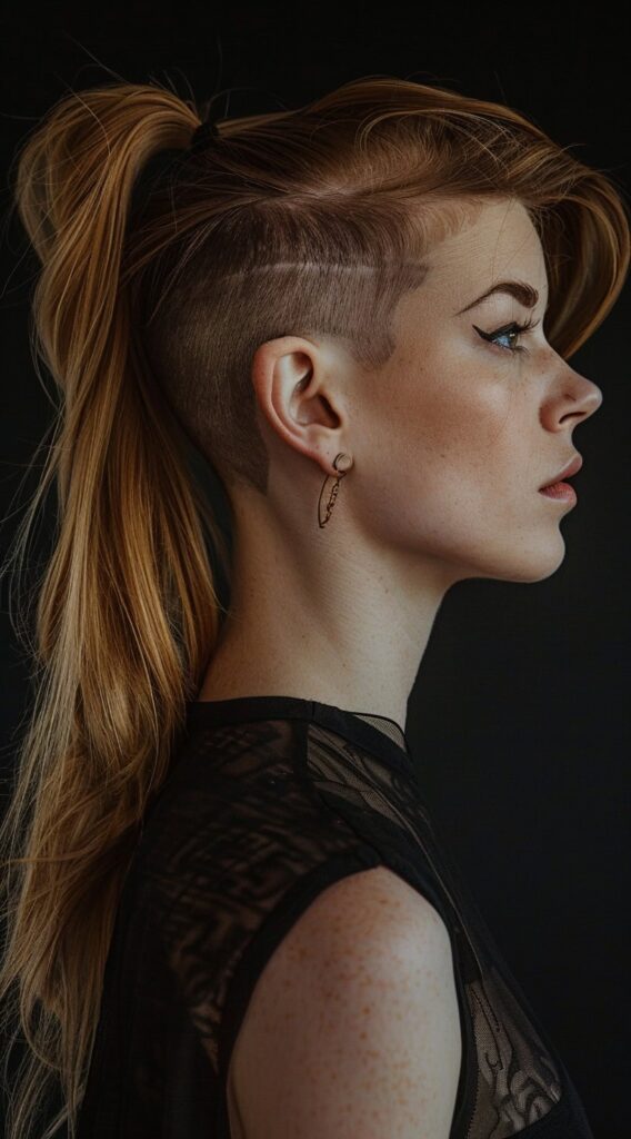 Undercut with Long Hair for Women: 23 Edgy and Elegant Hairstyle Ideas 7 high ponytail and side swept bangs