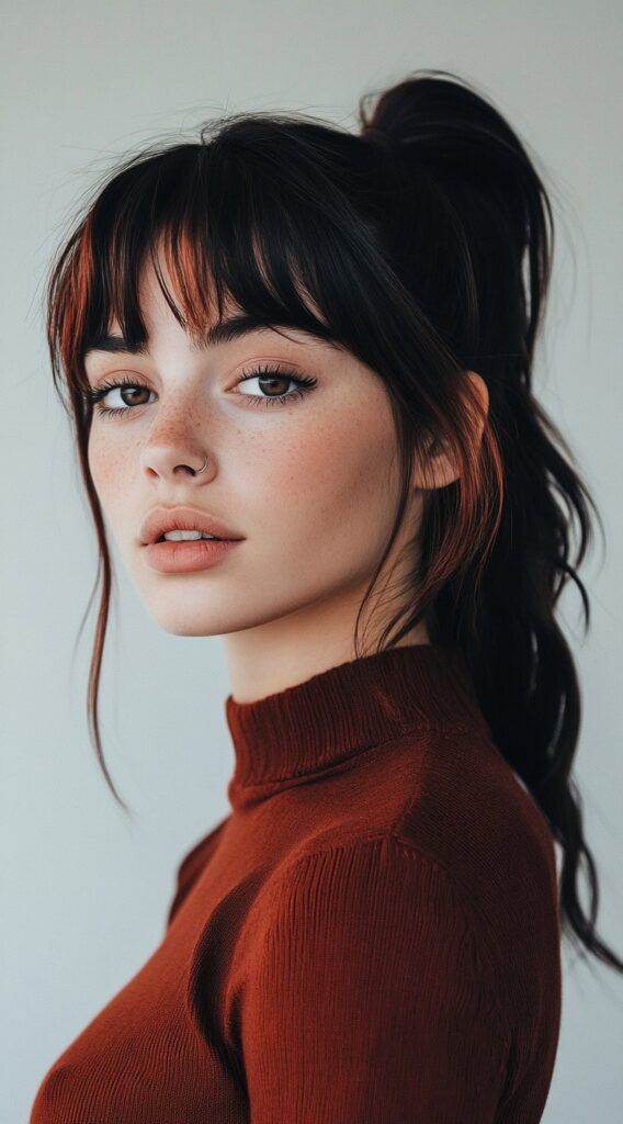 27 Inspiring Black Hair with Brown Highlights Ideas 12 high ponytail with auburn brown highlights