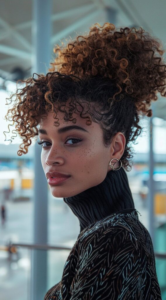 17 Airport Hairstyles for Curly Hair: Stay Cute on the Go and Travel in Style 9 high ponytail with bangs