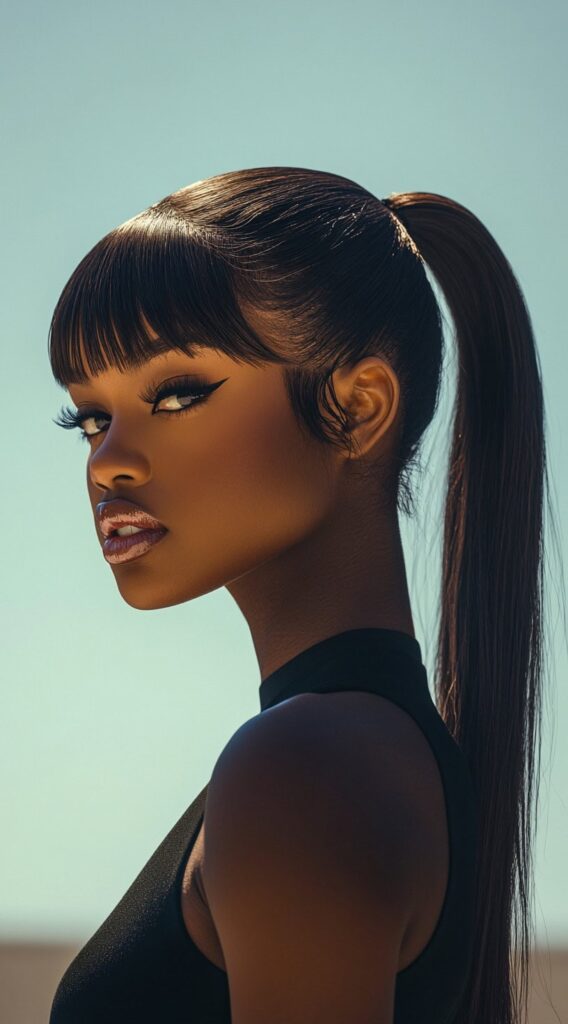 23 Straight Hairstyles for Black Women 23 high ponytail with blunt bangs