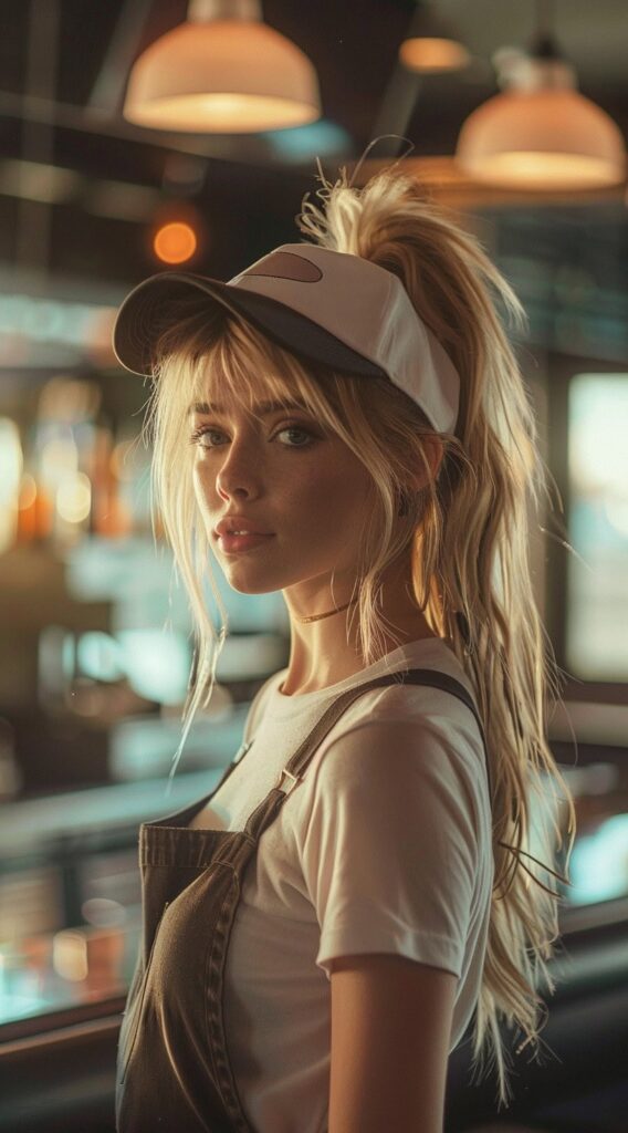 25 Hat Hairstyles for Work: Stylish and Professional Ideas for Women 7 high ponytail with cute face framing bangs