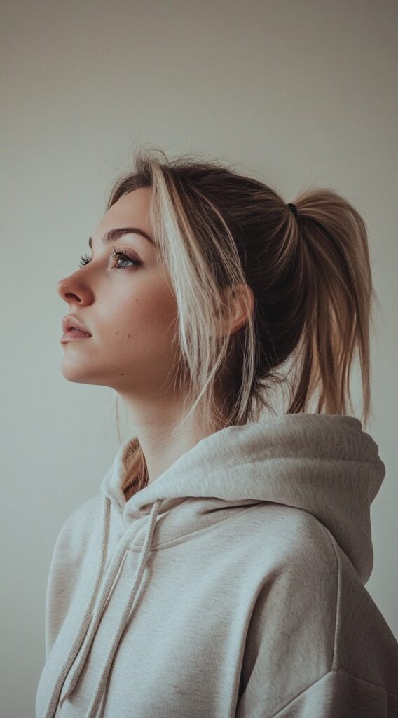 19 Hoodie Hairstyles to Try: Easy and Stylish Ideas for Every Hair Type 6 high ponytail with loose strands