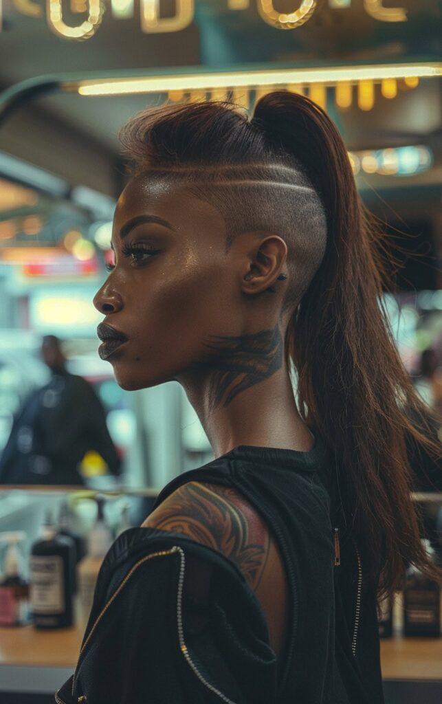 Shaved Sides with Ponytail for Black Women: 27 Stylish and Bold Ideas for Your Next Look 8 high ponytail with sharp undercut