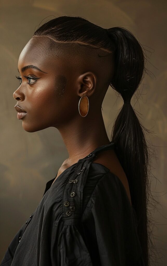 Shaved Sides with Ponytail for Black Women: 27 Stylish and Bold Ideas for Your Next Look 15 high ponytail with shaved patterns