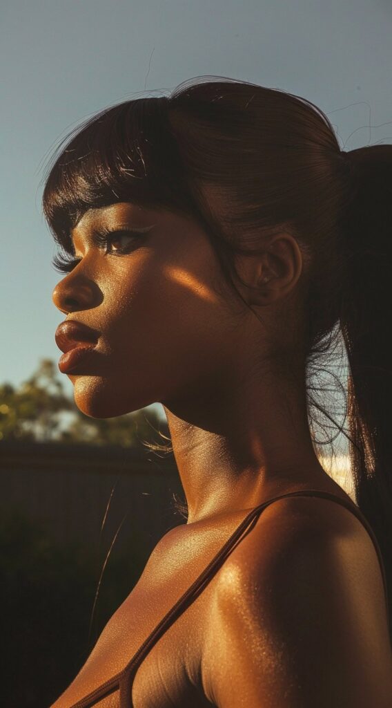 27 Weave Ponytail Hairstyles with Bangs: Chic and Modern Looks for Every Occasion 9 high ponytail with short blunt bangs and framing tendrils