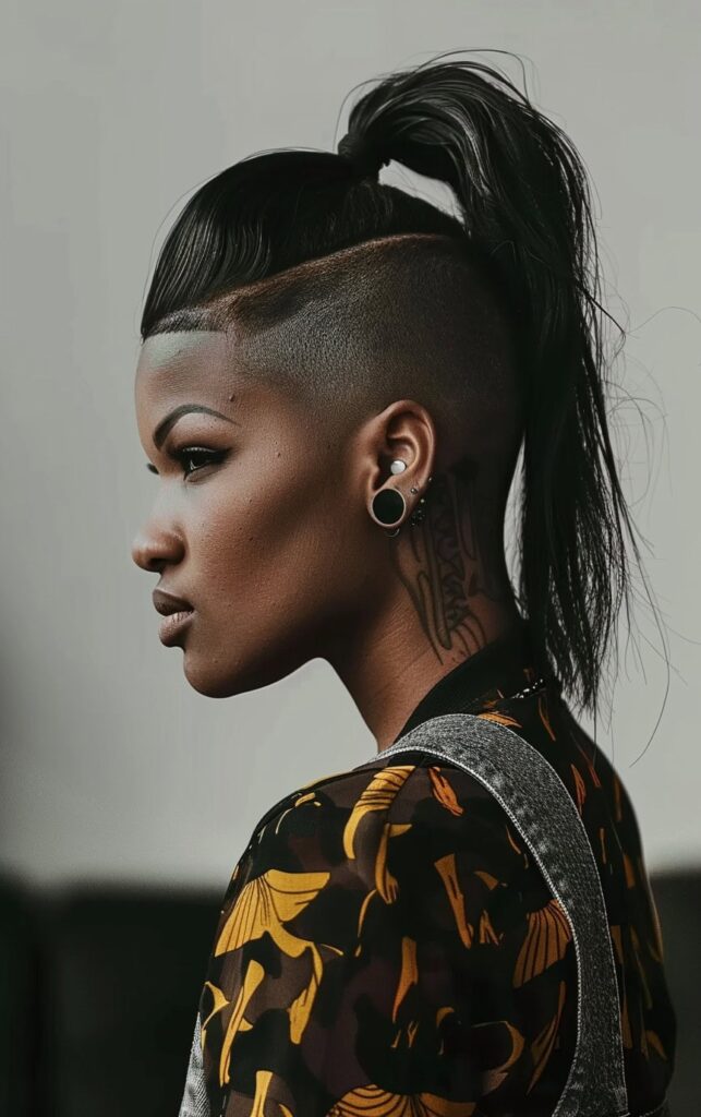 Shaved Sides with Ponytail for Black Women: 27 Stylish and Bold Ideas for Your Next Look 1 high ponytail with undercut